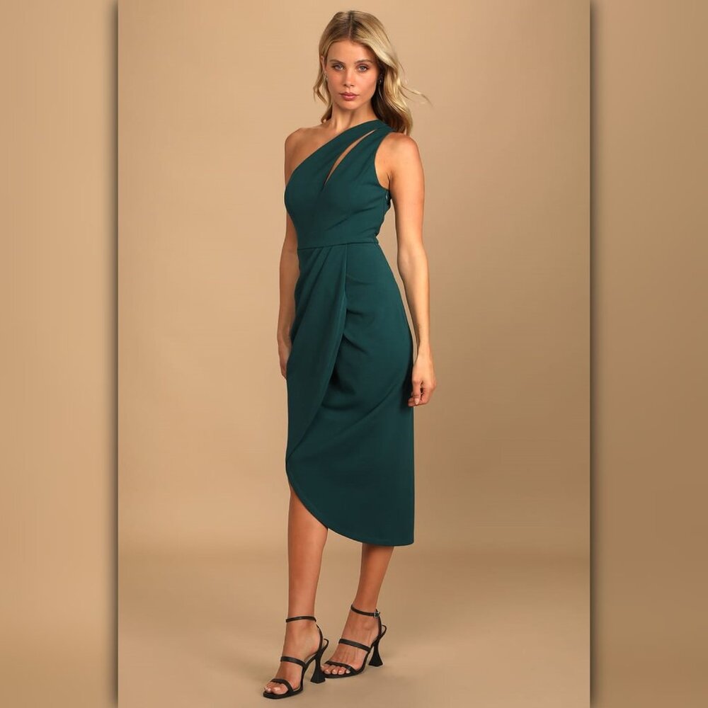 * A633 • Hunter Green One-Shoulder Cutout Asymmetrical Midi Dress - Picture 2 of 7